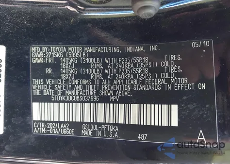 2011 Toyota Sienna Limited V6 z USA, uszkodzony, nr VIN 5TDYK3DC0BS037696